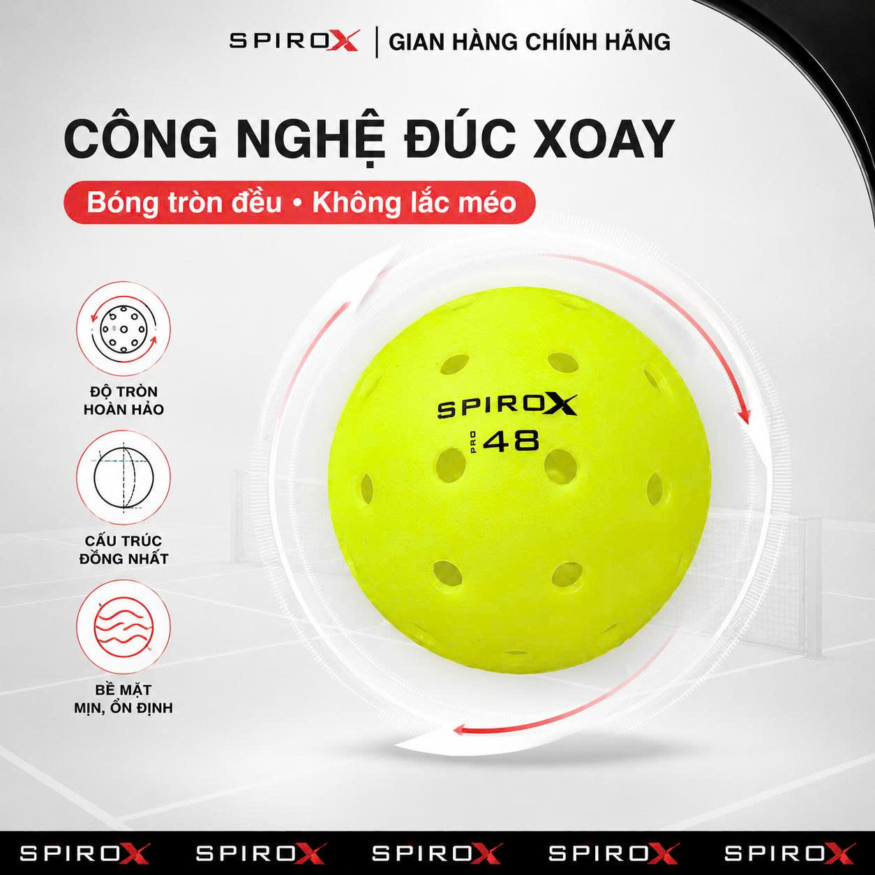 Hộp 3 Quả Bóng Pickleball SpiroX Pro 48 Chính Hãng - 48 Lỗ - Bền - Đường Bay Ổn Định - Kiểm Soát - Cảm Giác Đánh Chắc Tay
